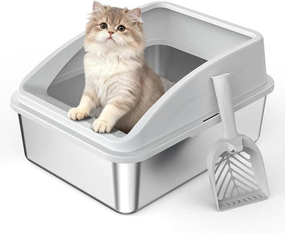 Stainless Steel Litter Box | Metal Kitty Litter Box with Lid High Sided for Small Cats or Injured Cats, Bunny Litter Boxes, Low Entry, Odor-Free, Non-Stick,Includes Scoop