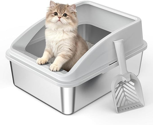 Stainless Steel Litter Box | Metal Kitty Litter Box with Lid High Sided for Small Cats or Injured Cats, Bunny Litter Boxes, Low Entry, Odor-Free, Non-Stick,Includes Scoop