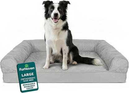 Furhaven Orthopedic Dog Bed for Large/Medium Dogs w/ Removable Bolsters & Washable Cover, For Dogs Up to 55 lbs - (Quilted) Silver Gray, Large