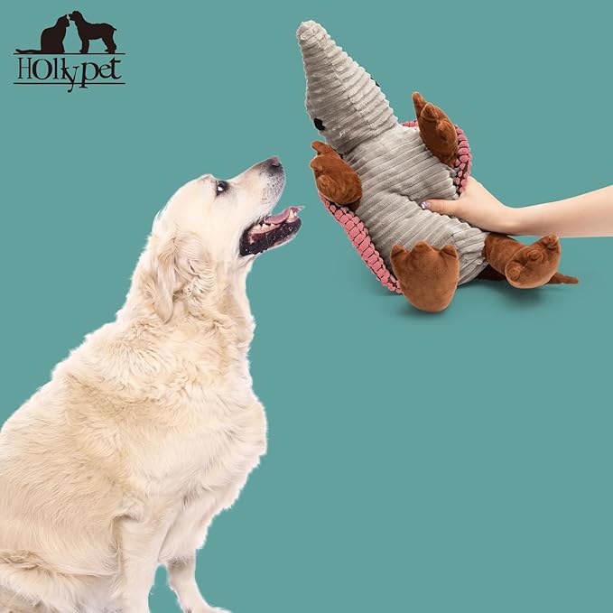 Hollypet Plush Dog Squeaky Toy Stuffed Armadillo Animal Pet Puppy Chew Toys with Clean Teeth for Small Medium Large All Breed Sizes Dogs, Bright Pink, 14 in