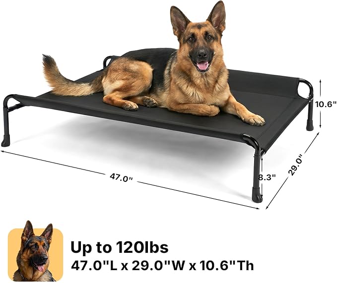 Veehoo Outdoor Elevated Dog Bed, Extra Large Raised Dog Bed with Headrest Sides, Washable Cooling Dog Cot with Non-Skid Feet, Breathable Mesh, Pet Hammock for Indoor or Camping, 47", Black