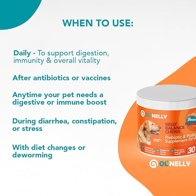Ol'Nelly Pre & Probiotics for Dogs- 30 Soft Chews (Bacon) - Daily Dog Probiotics for Digestive & Gut Health - Diarrhea, Gas & Constipation Relief -All Ages and Breeds - Probioticos Perros Chewable