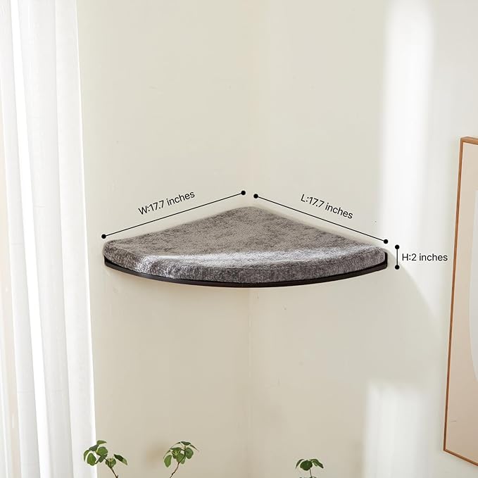LIORCE Wall Mounted Corner Cat Bed - Cat Shelf with Comfortable Cushion - Minimalistic Cats Furniture for Indoor Cats - Climbing Perch for Wall, Walnut