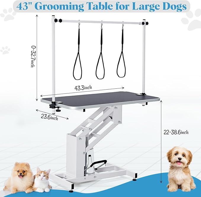 Garvee 43.3 in Hydraulic Pet Grooming Table, Professional Hydraulic Grooming Table w/Max 350 LBS Loading Capacity, 3 Adjsutable Nooses, Adjustable Height Range 22 in -39 in