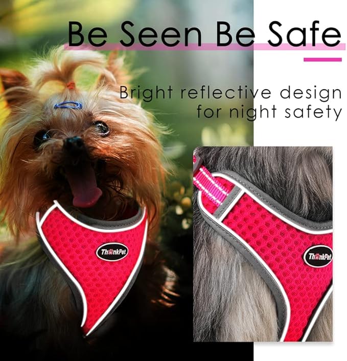 ThinkPet Reflective Breathable Soft Air Mesh No Pull Puppy Choke Free Over Head Vest Harness for Puppy Small Medium Dogs and Cats Rose Red Large