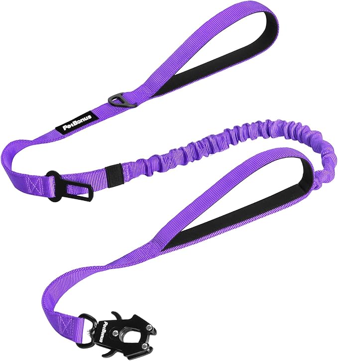 PetBonus Heavy Duty Tactical Dog Leash, 5 FT Bungee Shock Absorption Leash with 2 Padded Handles, Quick Release Metal Clip, Car Seatbelt, No Pull Training Lead for Large Medium Dogs（Purple）