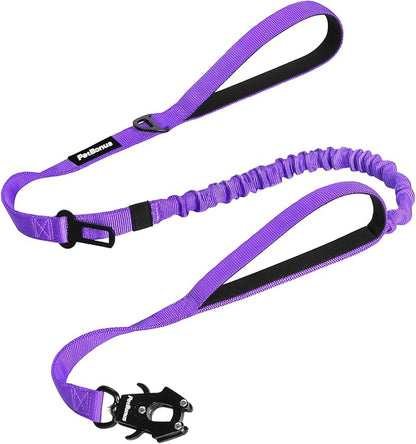PetBonus Heavy Duty Tactical Dog Leash, 5 FT Bungee Shock Absorption Leash with 2 Padded Handles, Quick Release Metal Clip, Car Seatbelt, No Pull Training Lead for Large Medium Dogs（Purple）