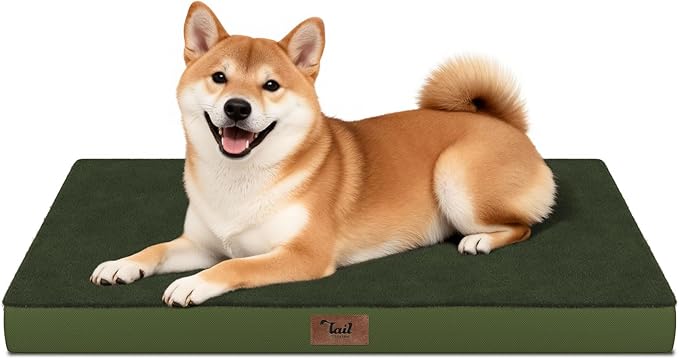 Tail Stories Plush Dog Bed for Medium Dogs, Waterproof Dog Crate Mat Orthopedic Egg Crate Foam Pet Bed with Washable Removable Oxford Cover, Olive Green