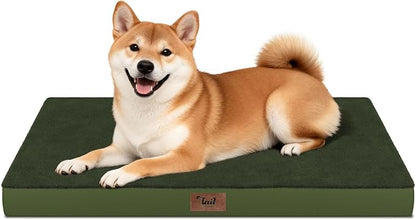 Tail Stories Plush Dog Bed for Medium Dogs, Waterproof Dog Crate Mat Orthopedic Egg Crate Foam Pet Bed with Washable Removable Oxford Cover, Olive Green
