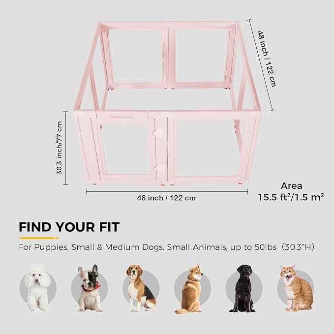 EVERFRONT Clear Acrylic Plastic Dog Playpen - Clear Dog Play Pen - Easy Assemble Acrylic Dog Playpen - Puppy Playpen, Cat Playpen, Small Animal Playpen, Dog Play Pen Indoors (Pink-30.3" H, 8PCS)