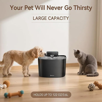 Cat Water Fountain, 122oz/3.6L Pumpless Wireless Cat Fountain, Cordless Water Fountains for Cats Indoor, Dog Pet Water Fountain Battery Operated with Stainless Steel Tray (Black, Fountain+8 Fliters)