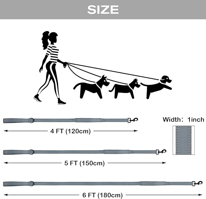 Joytale Dog Leash Heavy Duty for Large Dogs That Pull, Double Handle for Traffic Control, Double-Sided Reflective Leashes for Large Medium Dogs Night Safety, 6FT, Gray