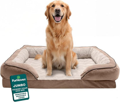 Furhaven Orthopedic Dog Bed for Large Dogs w/ Removable Bolsters & Washable Cover, For Dogs Up to 95 lbs - Plush & Velvet Waves Perfect Comfort Sofa - Brownstone, Jumbo/XL