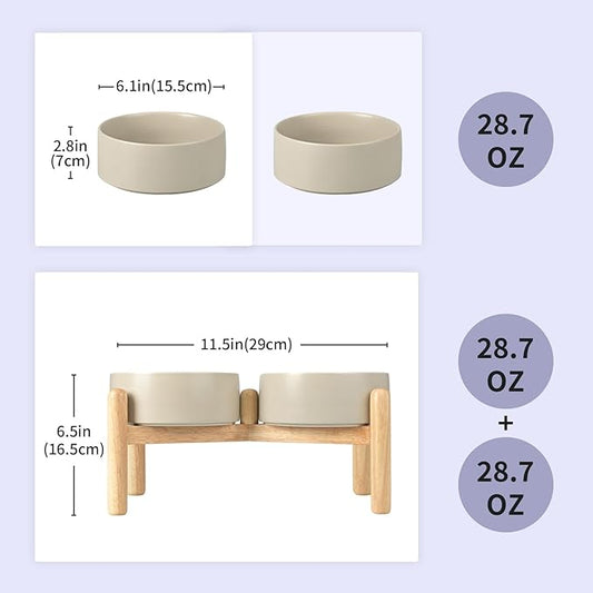 SPUNKYJUNKY Ceramics Raised Bowls with Wooden Stand - Elevated Dog Food and Water Bowl (Double 28.7OZ, Grey)