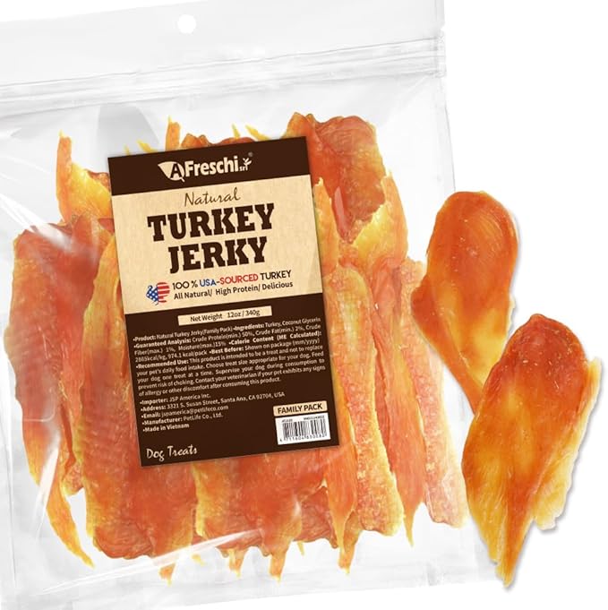 A Freschi srl Natural Turkey Dog Treats, USA-Sourced Trukey, All-Natural, Hypoallergenic, High-Protein, Low-Fat, Healthy & Easily Digestible, Dog Snack, Jerky 12 oz