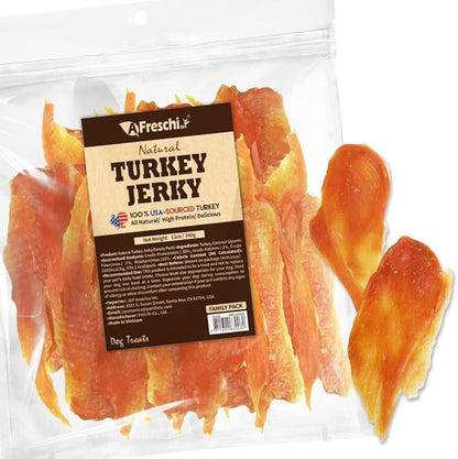 A Freschi srl Natural Turkey Dog Treats, USA-Sourced Trukey, All-Natural, Hypoallergenic, High-Protein, Low-Fat, Healthy & Easily Digestible, Dog Snack, Jerky 12 oz