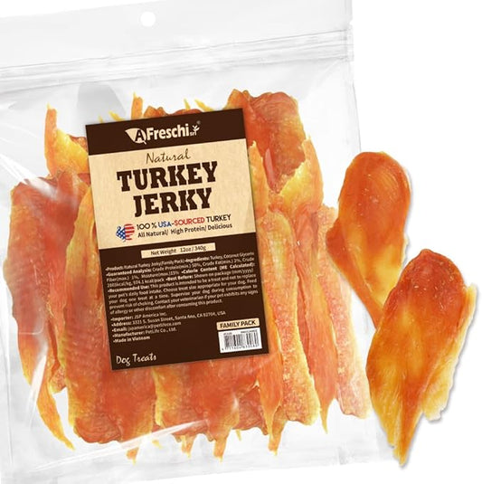 A Freschi srl Natural Turkey Dog Treats, USA-Sourced Trukey, All-Natural, Hypoallergenic, High-Protein, Low-Fat, Healthy & Easily Digestible, Dog Snack, Jerky 12 oz