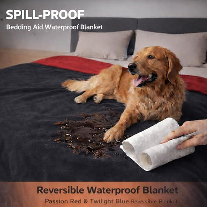 Bedding Aid Queen Size Waterproof Blanket – Stain-Proof, Spill-Proof Flannel Blanket for Bed, Couch, Kids & Pets Protection, Reversible Splash-Proof Design (Passion Red & Midnight Black, 80x90)