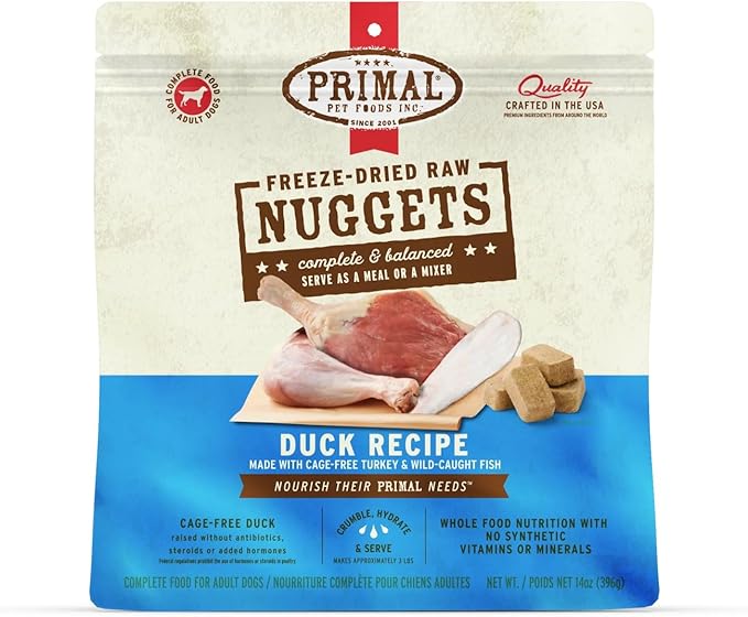 Primal Freeze Dried Raw Dog Food Nuggets, Duck, Complete & Balanced Meal, Also Use as Topper or Treat, Premium, Healthy, Grain Free, High Protein Raw Dog Food, 14 oz