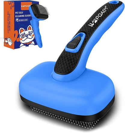 WOPQAEM Self Cleaning Slicker Brush for Dog, Cat, Skin Friendly Shedding & Grooming Tool for Long and Short Haired Pets, Easy Clean Retractable Bristles, Blue