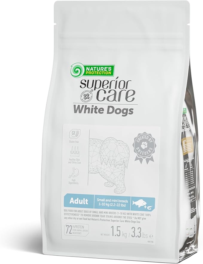 Nature's Protection Dry Dog Food for Small Breed - High Protein, Grain-Free, Anti-Tear Stain Diet for White & Light Fur Adult Dogs, Small Bites Kibble (Superior Care - White Fish, 3.3 lb)
