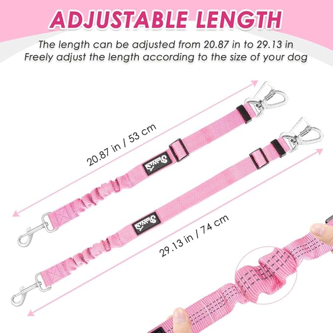 SlowTon Dog Seatbelt, 2 Pack Dog Seat Belt Car Leash Adjustable Elastic Bungee Buffer Heavy Duty Nylon Reflective Pet Safety Tether Connect to Dog Harness for Travel Riding in Vehicle (Daul Clip, PI)