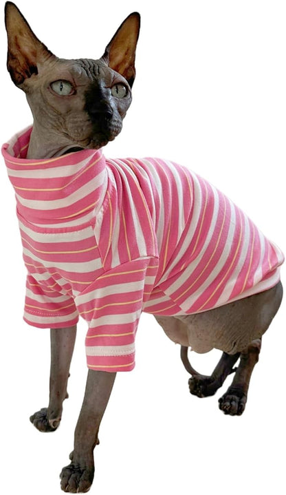 Vintage Stripes Sphynx Hairless Cats Shirt Cotton Cat Turtleneck Pet Clothes Kitten T-Shirts with Sleeves for Sphynx Cats (Sakura, Medium)