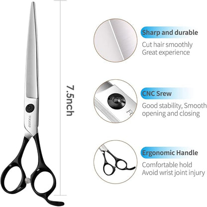 FOGOSP Professional Dog Grooming Scissors Straight 7.5" Pet Grooming Shears for Cutting Small Dogs Cat Thick Hair Japan 440C Stainless Steel Right Handed(7.5in Straight,Black)