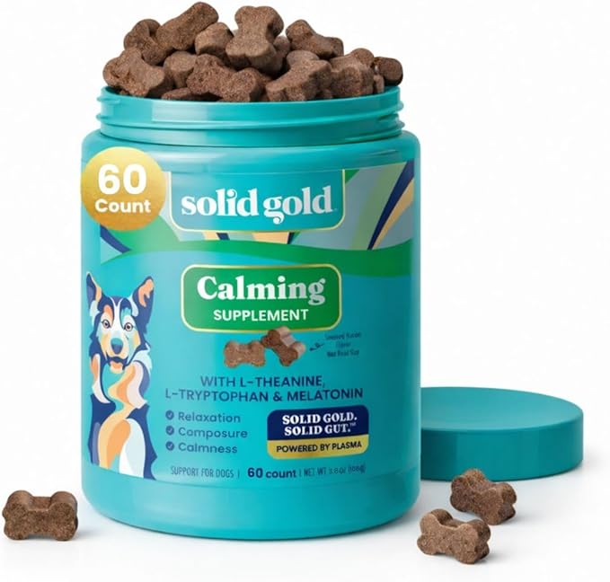 Solid Gold Calming Chews for Dogs - Dog Calming Chews W/Melatonin for Separation, Stress & Hyperactivity Relief - Supports Relaxation for Travel, Fireworks & Storms - All Ages & Sizes - Bacon - 60ct
