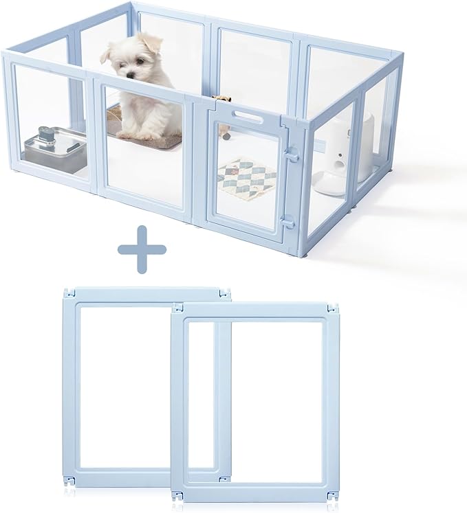LoveTail DIY Clear Acrylic Dog Playpen House,Quick Easy Assembly and Disassembly,Strong Floor Suction,Indoor and Outdoor Use,Easy Cleansing Puppy Fence (Sky Blue, 23.6" H, 2PCS)