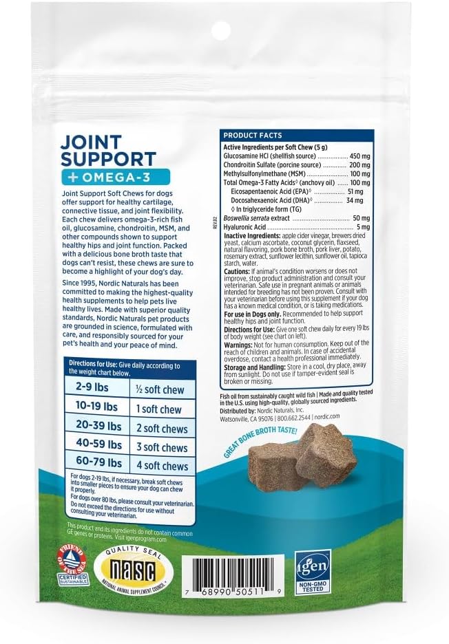 Nordic Naturals Pet Joint Support + Omega 3 Soft Chews for Dogs, Pork Bone Broth Flavored - Promotes Mobility, Hip and Joint Support with Omega-3 Fish Oil, MSM, EPA & DHA - 30 Non-GMO Chews