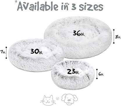 Friends Forever Donut Dog Bed Faux Fur Fluffy Calming Sofa For Medium Dogs, Soft & Plush Anti Anxiety Pet Couch For Dogs, Machine Washable Coco Pet Bed with Non-Slip Bottom, 30"x30"x7" Ivory