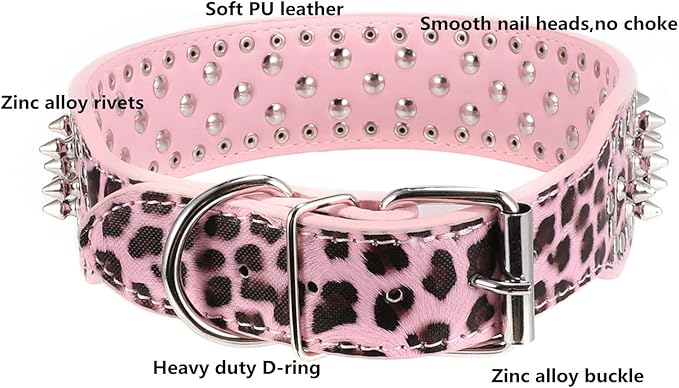 Hoot PU Leather Adjustable Spiked Studded Dog Collar 2" Wide 31 Spikes (S(Neck 17"-20"), Pink Leopard)
