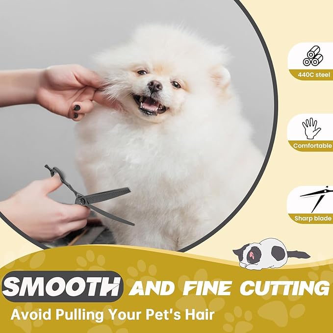JASON Dog Thinners for Grooming - 7" Down-curved Blender Scissors, Japanese 440C Stainless Steel Dog Grooming Thinning Shears with Adjustable Screw Black