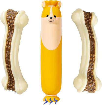 Dog Bone Chew+Latex Toys for Aggressive Chewers, 2 Pack Real Beef Flavor+1Pack Squeaky Funny Interactive Toys , Indestructible Teething Toys for Medium/Large/Small Breed, Toy With Durable Nylon