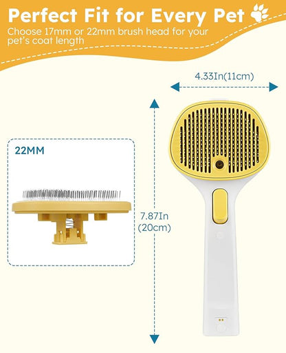 Cat Steam Brush for Cats & Dogs, Pet Steam Brush 3-in-1 with 2 Mist Modes, One-Touch Self Cleaning, Magnetic Safe Charging, Cat Hair Brush for Shedding, Dog Brush for Shedding, Yellow (Long Head)