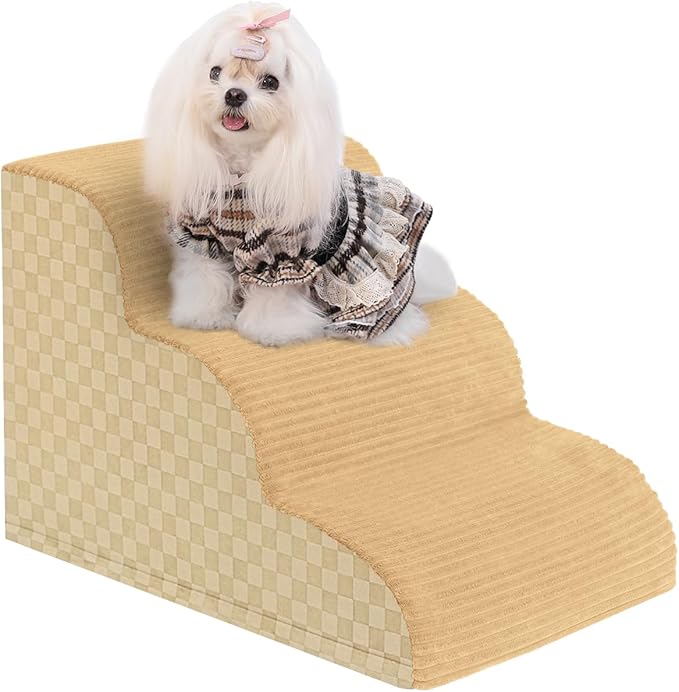 Dog Stairs Ramp for Couch 15.7”H, 3-Step Pet Stairs for Small Dogs with High Density Foam, Dog Slope Stairs with Durable Non-Slip Bottom for Puppy Khaki