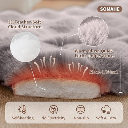 SOMAHE Self-Warming Dog Bed, Plush Faux Fur Mat with Anti-Slip Bottom, Ultra Soft Heated Pet Bed for Medium Large Dogs, Cozy Fluffy Pad for Carriers Couch Crate, Machine Washable, 35 x 27 Inch Gray