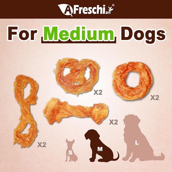 A Freschi srl Turkey Tendons for Dogs, USA-Sourced, Healthy Dog Treats, Rawhide-Free Puppy Chews, Long Lasting, All Natural, Hypoallergenic Dog Treats for Medium Breeds, 10 oz Pack Variety (M)