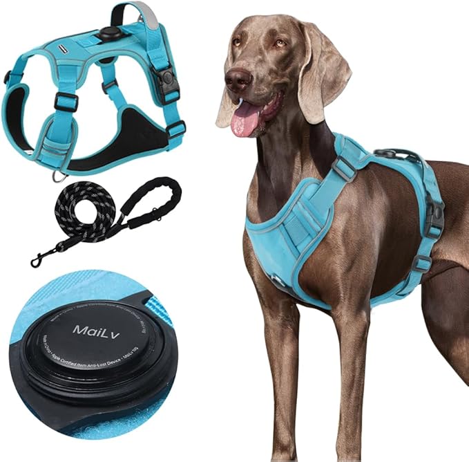 Airtag Dog Harness Chest Plate Reflective No Pull Harness with Leash for Extra Large Dogs (Steel Blue, M)