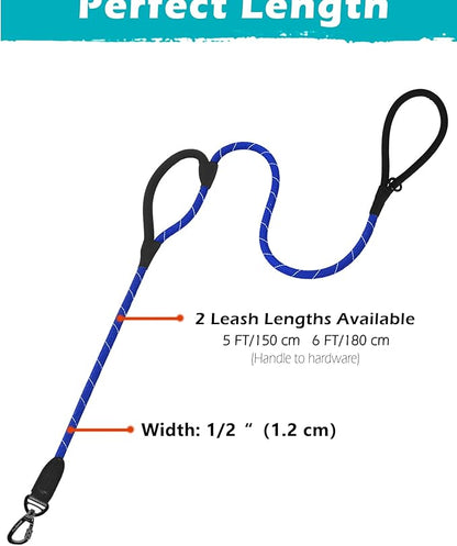 PetBonus Double Handle Rope Dog Leash, 5FT Heavy Duty Training Lead with Lockable Hook and 2 Comfortable Padded Handles, Reflective Walking Nylon Leash for Large Medium Dogs (55-200 lbs, Blue)
