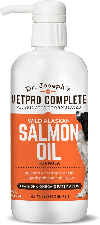 Dr. Joseph's VetPro Complete Wild Alaskan Salmon Oil Supplement for Dogs & Cats, 16 Ounces, Omega 3 & 6 Liquid Fish Oil, EPA + DHA Fatty Acids, Coat & Joint Support, Helps Dry Skin & Allergies