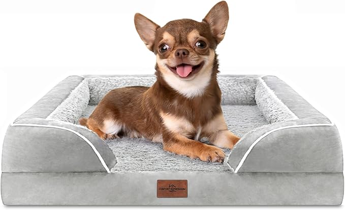 Comfort Expression Orthopedic Dog Bed for Small Dogs 24x16 Inch, Waterproof Egg Crate Foam Small Pet Bed with Removable Bolsters, Dog Couch with Washable Cover & Non-Slip Bottom, Grey White