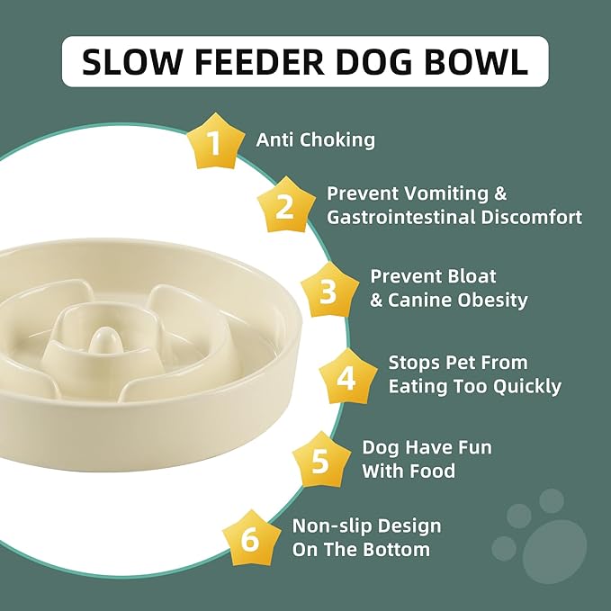 Ceramic 1.6 Cup Slow Feeder Dog Bowl for Medium and Large Breed, 8.2inch Puzzle Dog Food Dish, Anti-Gulping, Stop Bloat, Preventing Choking (Single Bowl-Beige)