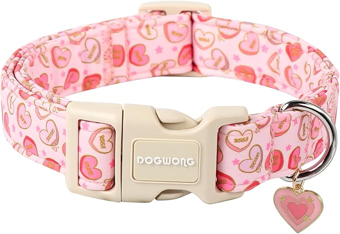 DOGWONG Pink Heart Dog Collar, Small, Valentine's Day Special, Fabric, Soft & Comfortable, Adjustable (4" W x 10" L), Perfect for Small Dogs