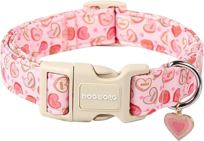 DOGWONG Pink Heart Valentine Dog Collar, Medium, Soft, Adjustable, Cute, for Small to Large Dogs