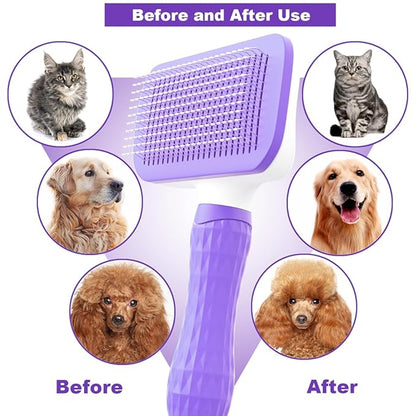 Pet Grooming Brush for Cats & Dogs, Self-Cleaning Undercoat Deshedding & Massage Tool, Purple