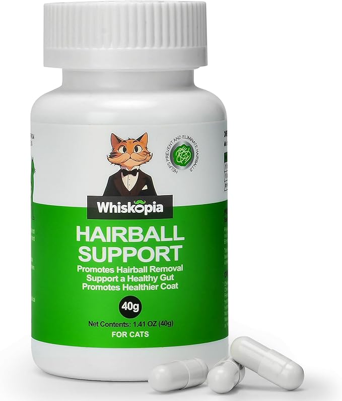 Whiskopia Hairball Relief for Cats, Cat Hairball Remedy, Cat Hairball Control with Psyllium Seed Husk and Vitamins, Helps Eliminate & Prevent Hairballs, Supports Healthy Digestion & Coat, 50 Capsules