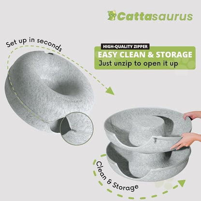 Cattasaurus Peekaboo Cat Cave Donut for Multiple & Large Cats up to 30-45 lbs, 3-in-1 Self Warming Cat Bed, Tunnel & Scratcher for Indoor Cats, Washable & Detachable (Light Gray + Light Gray, Large)