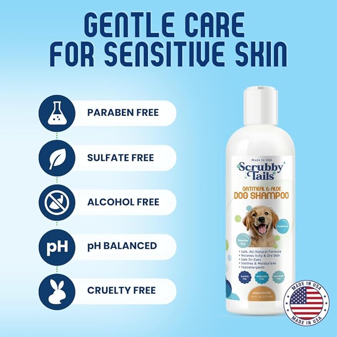 Scrubby Tails Organic Dog Shampoo - Puppy Oatmeal Shampoo for Itchy Skin Relief - Hypoallergenic for Sensitive Skin, for Dogs of All Ages, Deodorizes, Tearless, Made in USA, 16oz (Lavender)